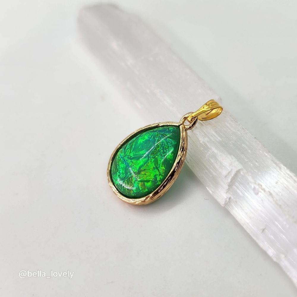 Dainty Gold Toned Wrapped Green Multicolor Opal Teardrop Pendant
